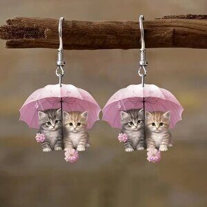 Cute Lavender Umbrella and Cartoon Twin Kitty cat acrylic charm Earrings set